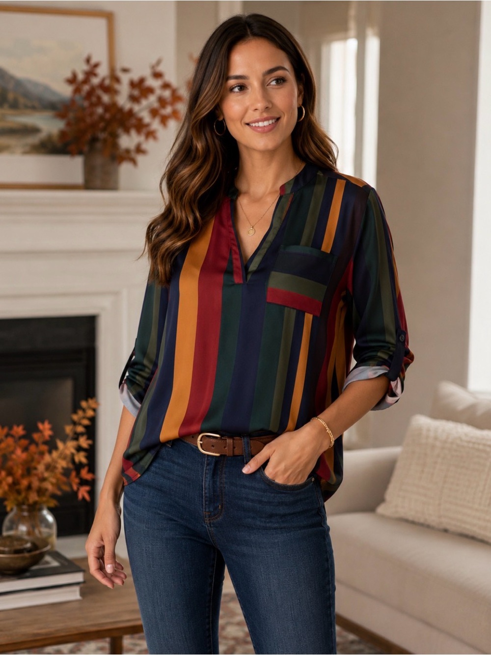 Striped V-Neck Roll-Sleeve Blouse in Navy, Mustard & Forest